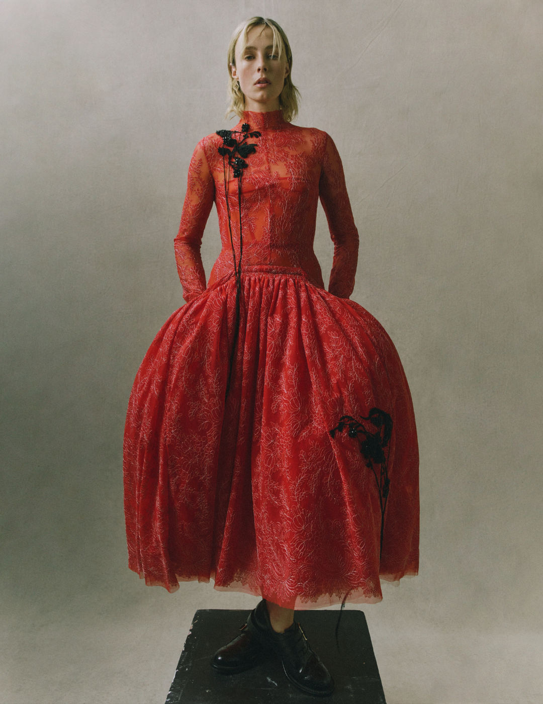 Lace Volume: Red High Neck Long Sleeve Midi with Full Skirt Lace Volume: Red High Neck Long Sleeve Midi with Full Skirt — Midi Dresses 2027