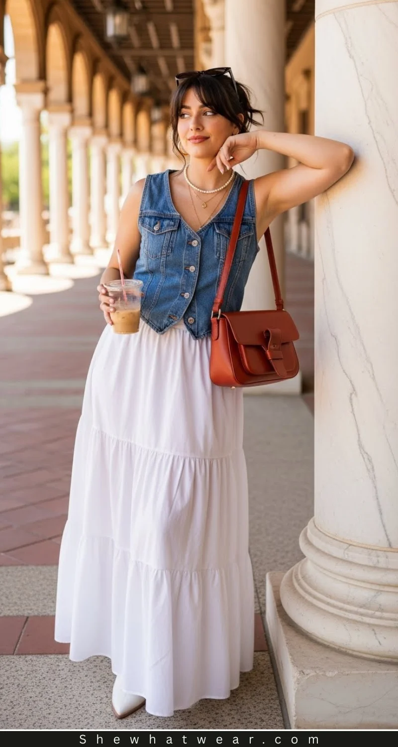 Denim Vest Over a White Tiered Maxi Skirt — Spring Outfits 2027 for Work