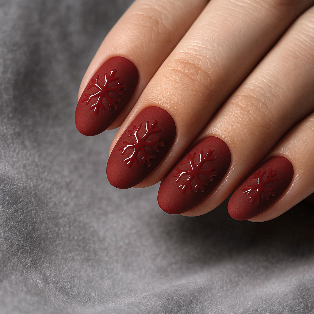 Deep Red Embossed Snowflake Matte Nails Deep Red Embossed Snowflake Matte Nails — Matte Christmas Nails 2026