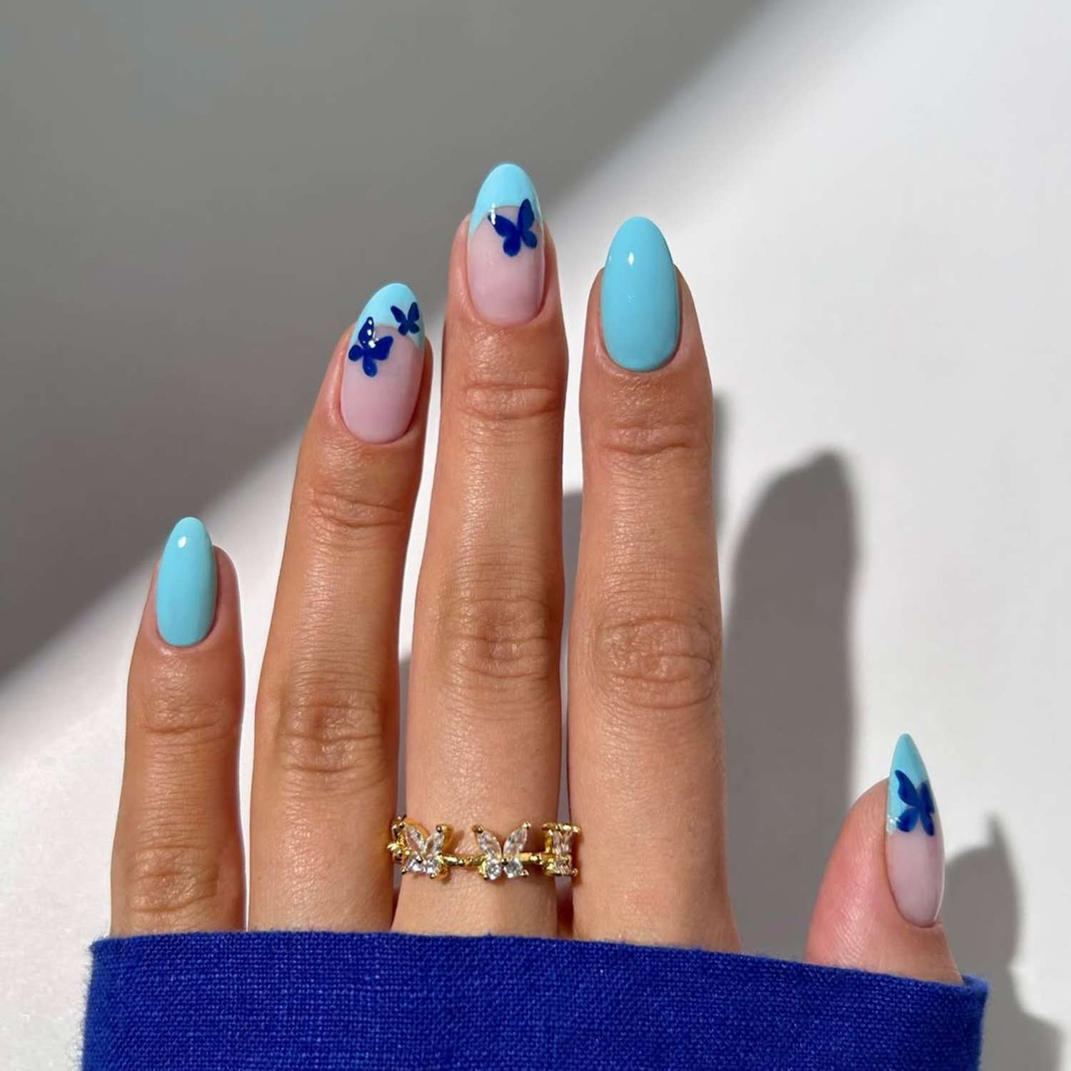 Pink and Blue with Dark Blue Butterflies — Butterfly Airbrush Nails 2027
