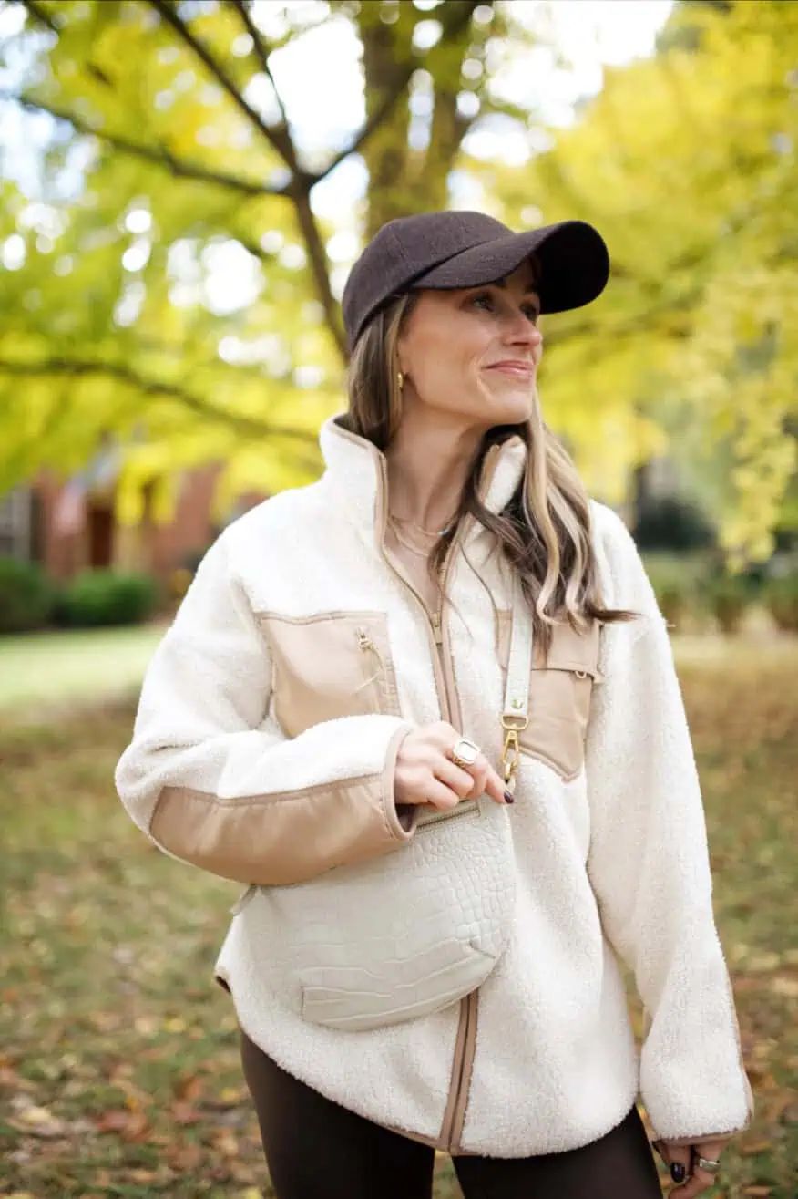 Cozy Athleisure: Cream Fleece Jacket with Contrast Trim Cozy Athleisure: Cream Fleece Jacket with Contrast Trim — Outfits 2027 for Athletic Build
