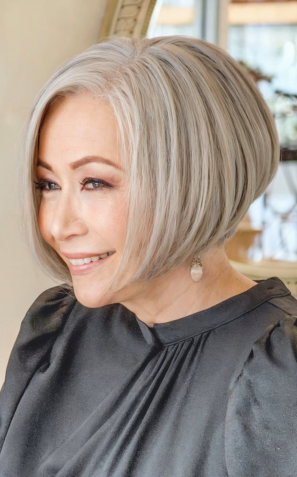 Stacked Chin Bob with Side Bangs Stacked Chin Bob with Side Bangs — Gray Bob 2027