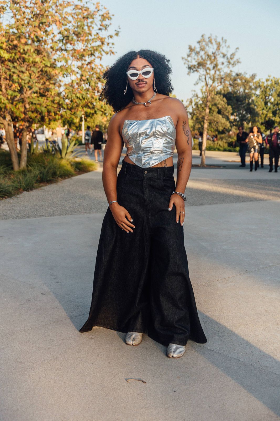 Silver Metallic Corset Top and Very Wide-Leg Pants — Concert Outfits 2027