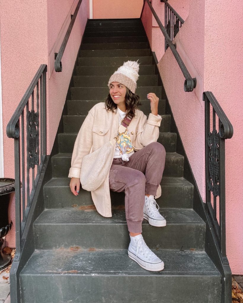 Comfortable Casual: Cream Sherpa Shacket with Joggers — Shacket Outfits 2027