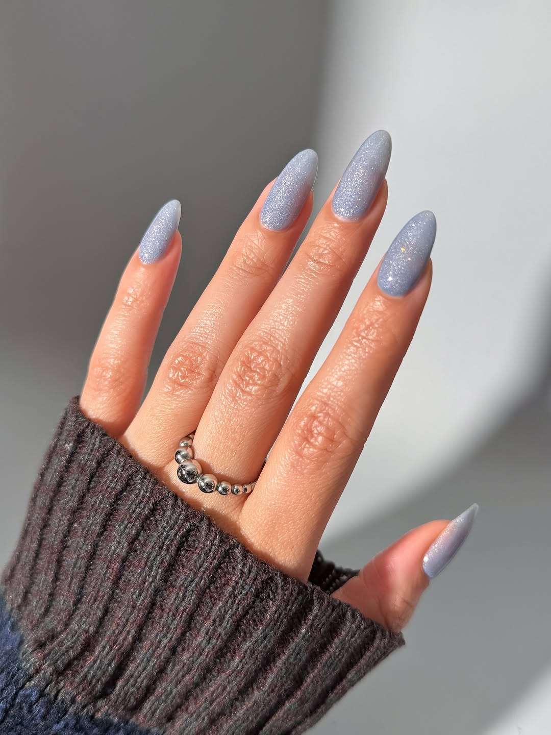 Light Blue Glitter Sparkle Oval Nails — Winter Oval Nails 2027