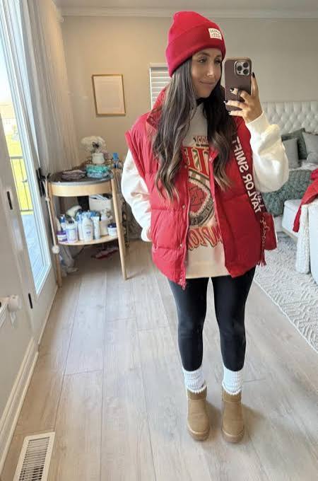 Cozy Layers: Sweatshirt, Puffer Vest, and Beanie — College Game Day Outfits 2026