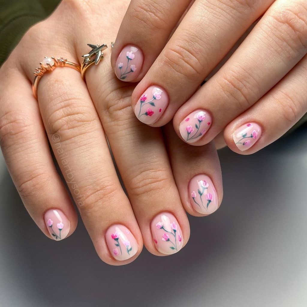 Short Square Pink Sprig Florals Short Square Pink Sprig Florals — Wildflower Nails 2027