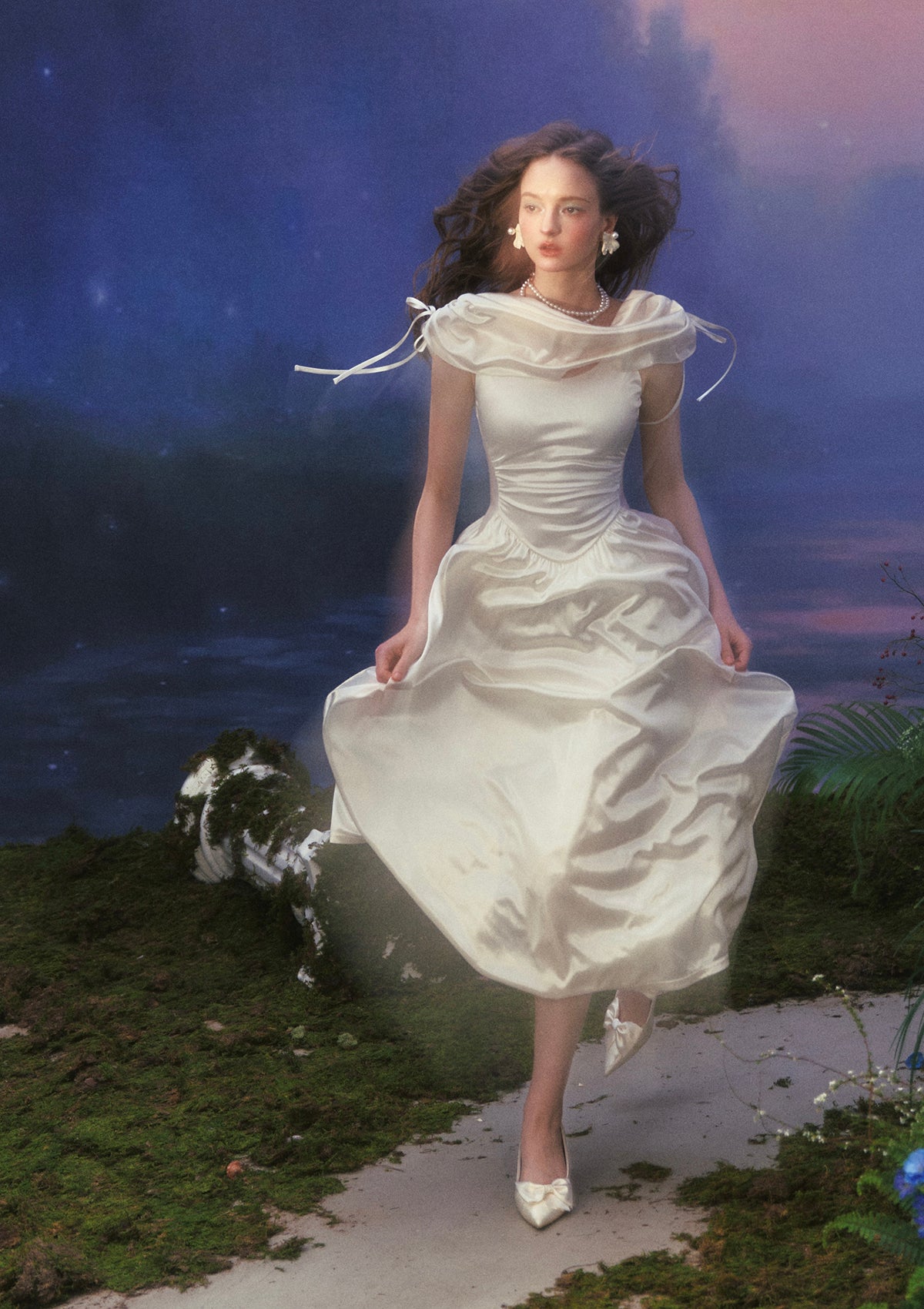 Ivory Satin Draped Gown with Voluminous Skirt and Pearl Accents — Fairycore Outfits 2027