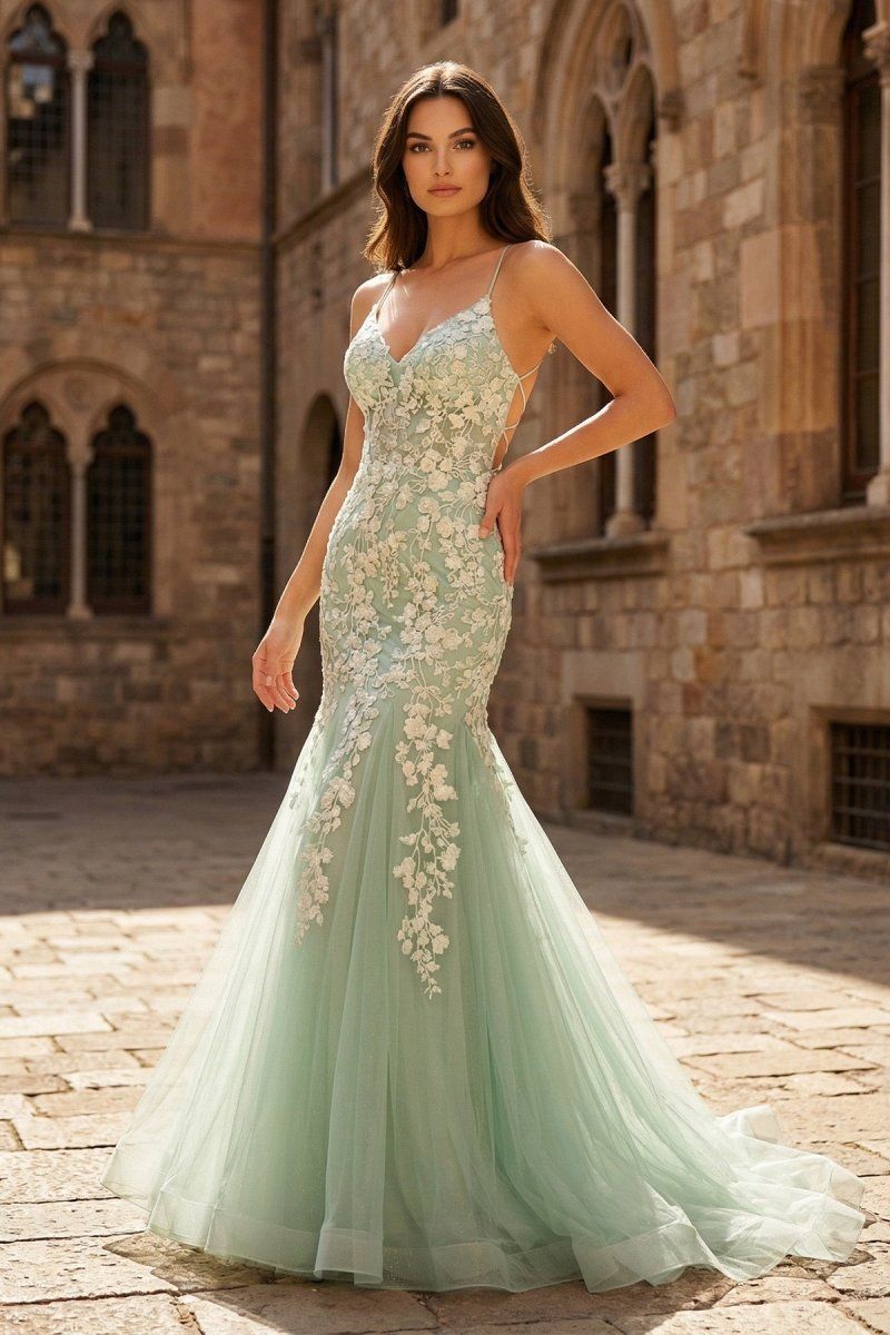 Sage Green Mermaid Dress with Floral Appliqués Sage Green Mermaid Dress with Floral Appliqués — Mermaid Gala Dress 2027