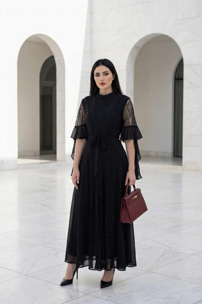 Lace Flutter Sleeve Midi Dress with Tie Waist Lace Flutter Sleeve Midi Dress with Tie Waist — Black Tie Dresses 2027