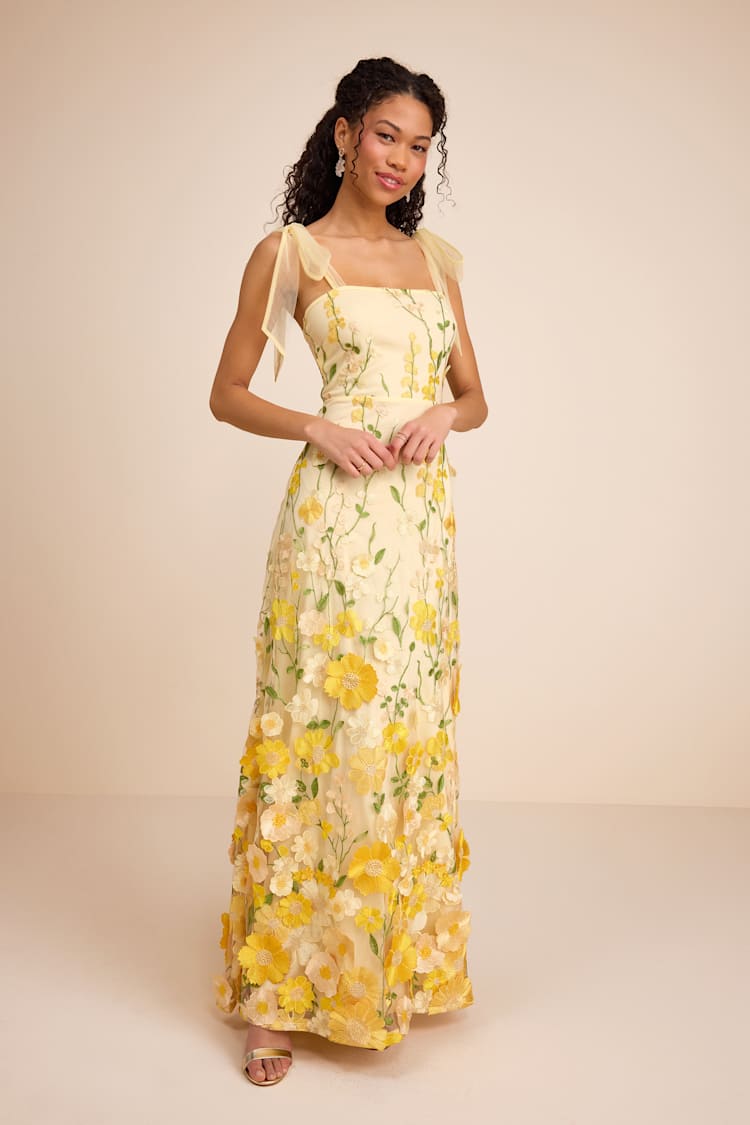 Yellow Maxi Dress with Scattered 3D Floral Appliqués — 3D Floral Outfits 2027