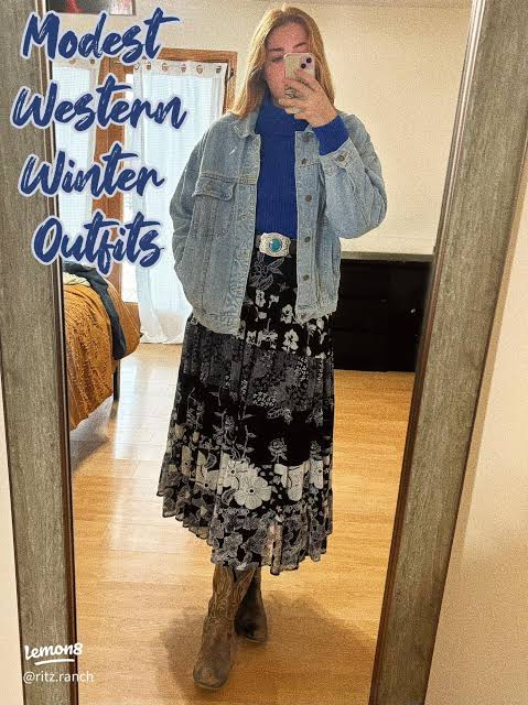 Denim Jacket, Turtleneck, and Floral Skirt with Cowboy Boots — Winter Western Outfits 2027