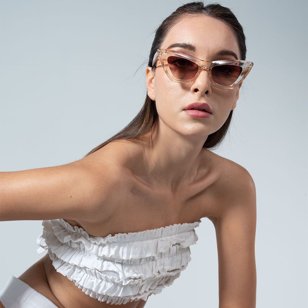 White Ruffled Top Paired with Light Cat Eyes — Cat Eye Sunglasses Outfits 2027