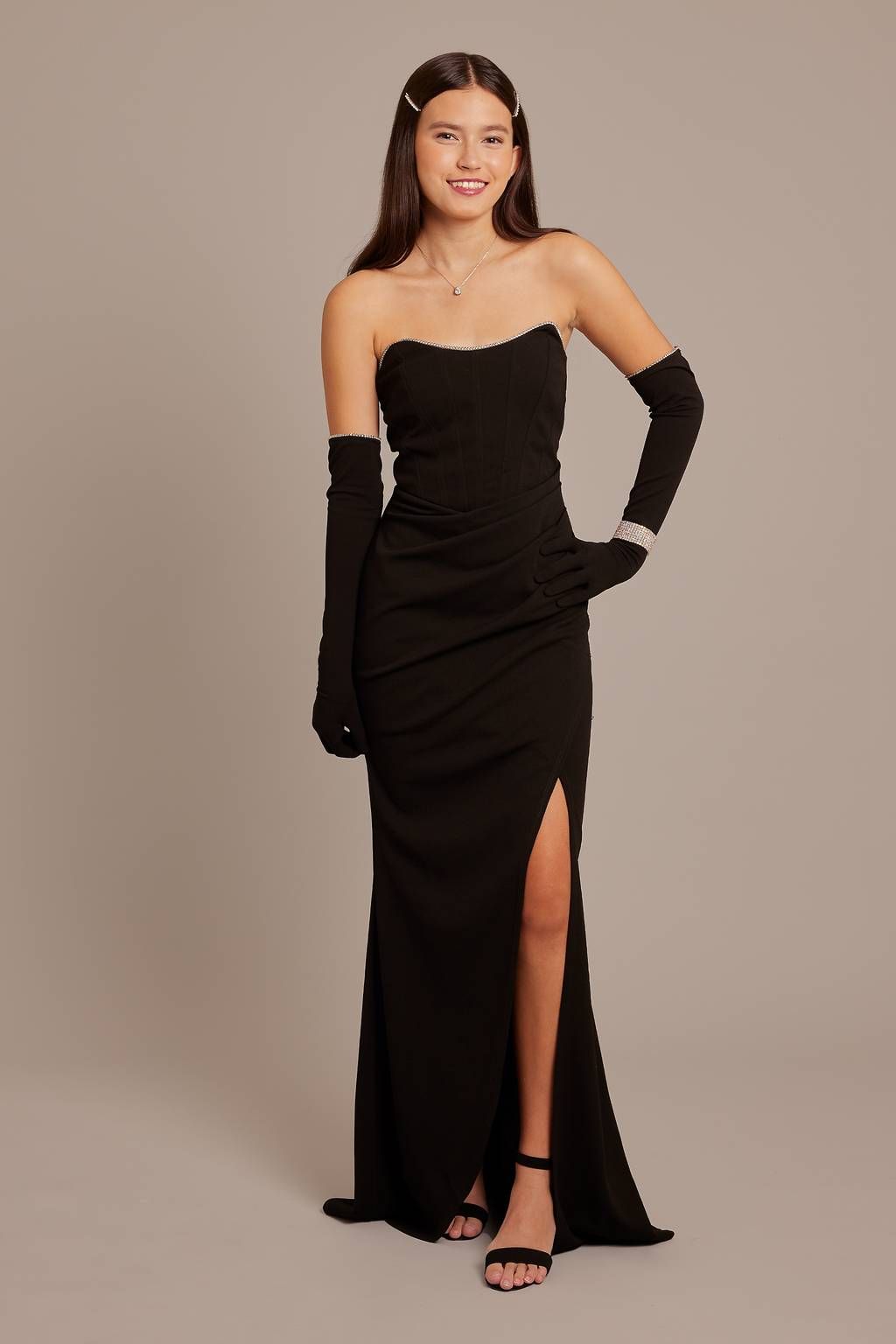 Black Crepe Strapless Gown with Embellished Glove Cuffs Black Crepe Strapless Gown with Embellished Glove Cuffs — Prom Dress 2027 with Gloves