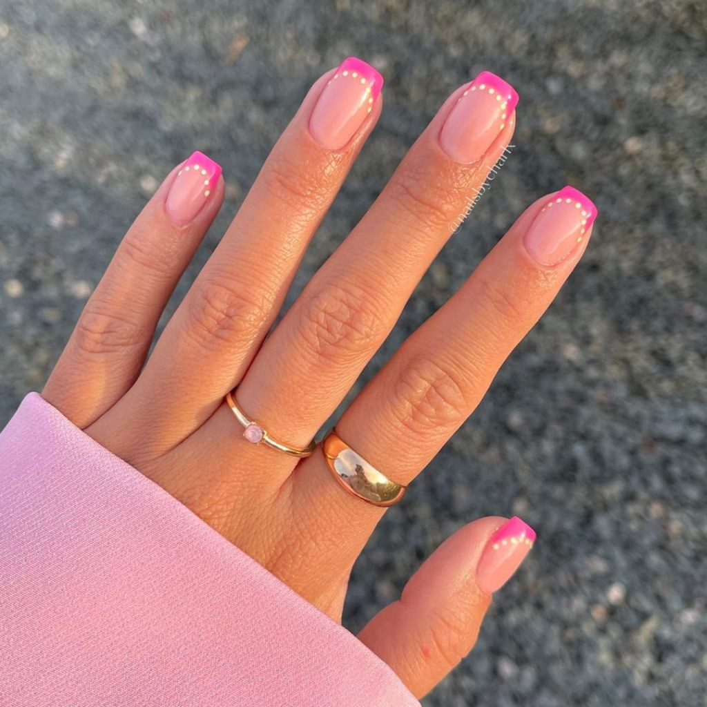 One Hand Pink French Tips with White Dot Accents One Hand Pink French Tips with White Dot Accents — Short Pink French Tip Nails 2027
