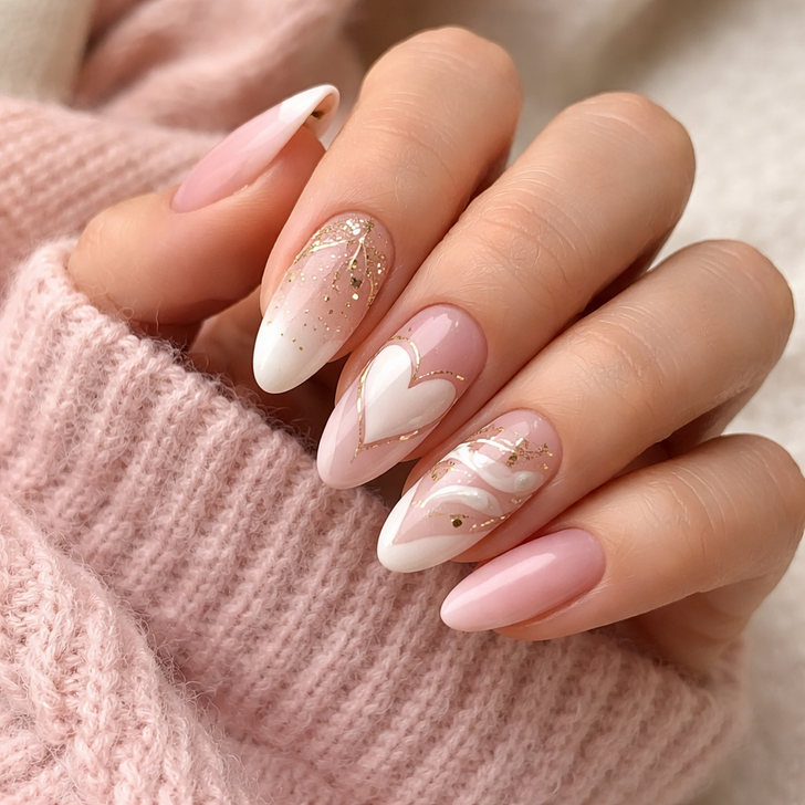 Romantic Gold Heart Gradient Almonds — Almond Nails 2027
