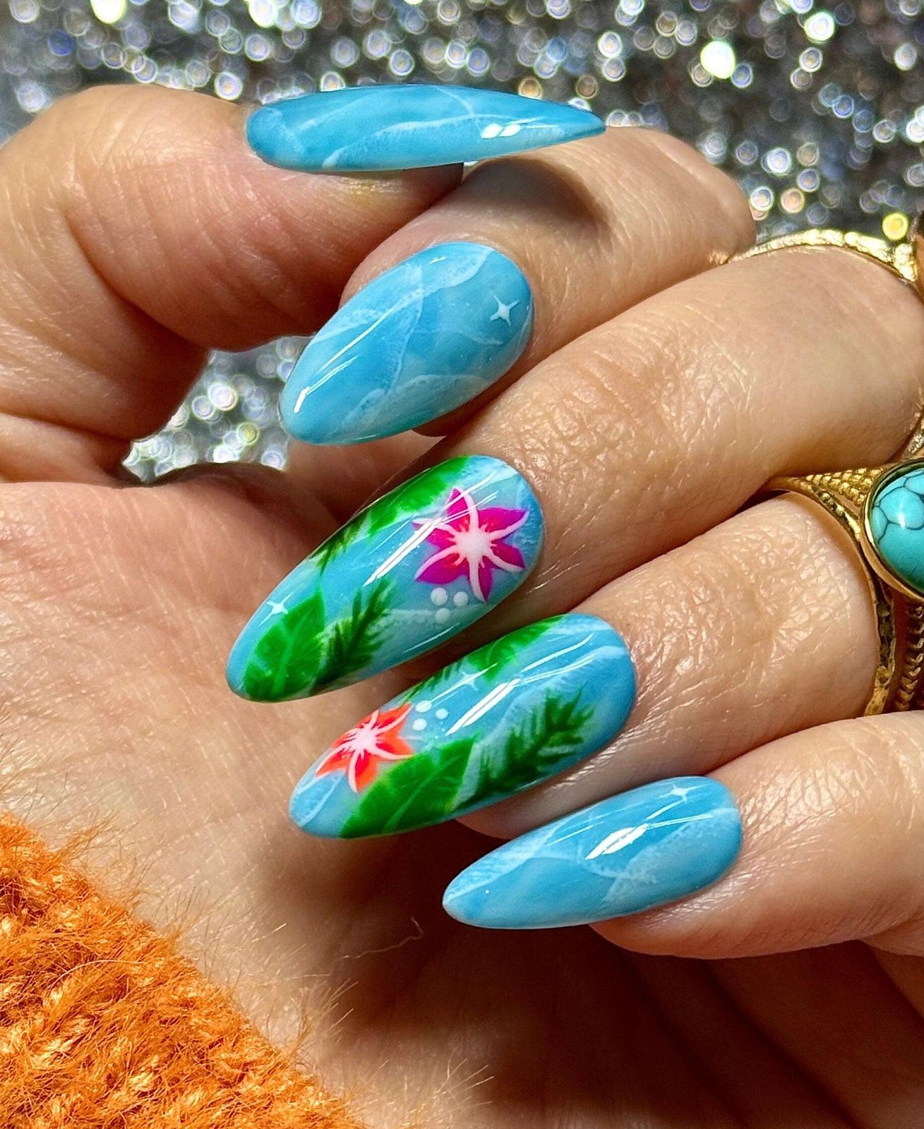 Glossy Medium Almond Blue Watercolor Florals — Blue Watercolor Nails 2027