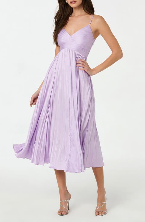 Elegant Lavender Satin Midi Dress with Pleated Skirt Elegant Lavender Satin Midi Dress with Pleated Skirt — Lavender Outfits 2027