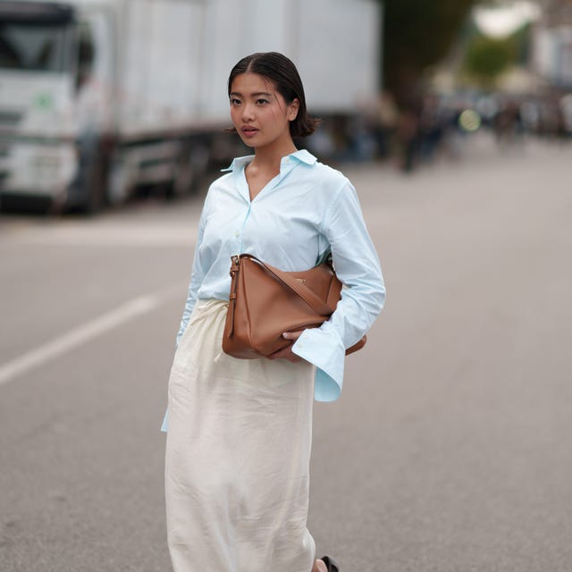Light Blue Button-Down and Cream Linen Maxi Skirt Light Blue Button-Down and Cream Linen Maxi Skirt — Casual Work Outfits 2027