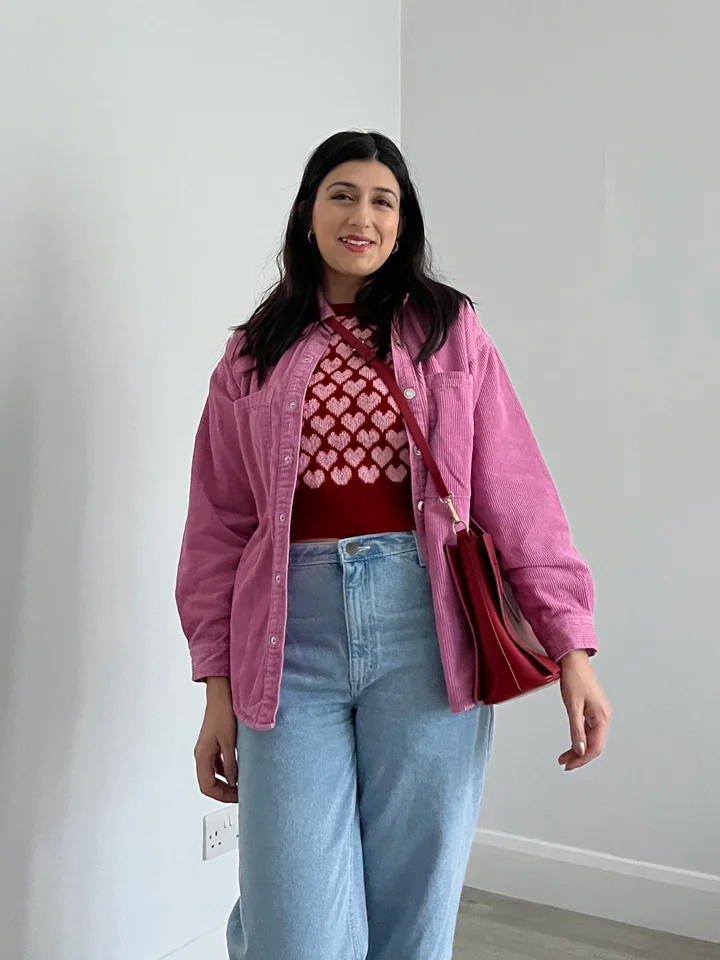 Pink Corduroy Shirt Jacket with Graphic Top and Wide-Leg Jeans — Pink Outfits 2027