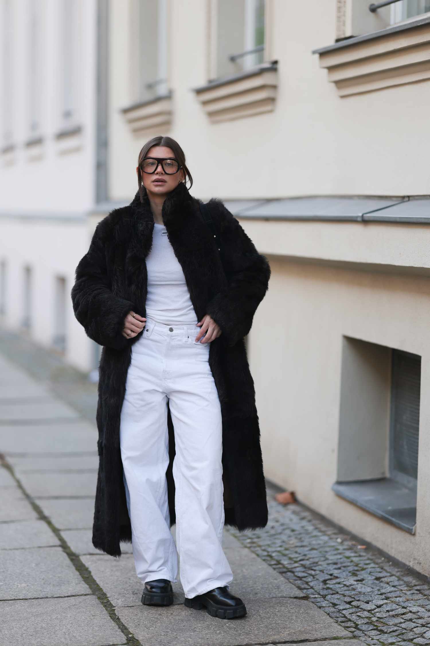 Cozy Statement: White Wide Leg Jeans with Oversized Faux Fur Coat — Wide Leg Jeans 2027