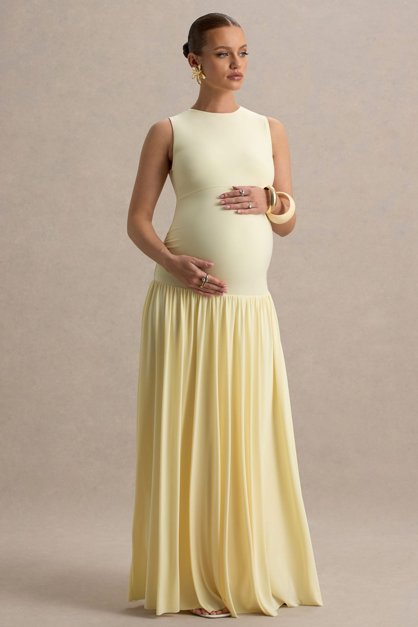 Pale Yellow Sleeveless Maxi Gown with Gathered Skirt — Baby Shower Outfits 2027