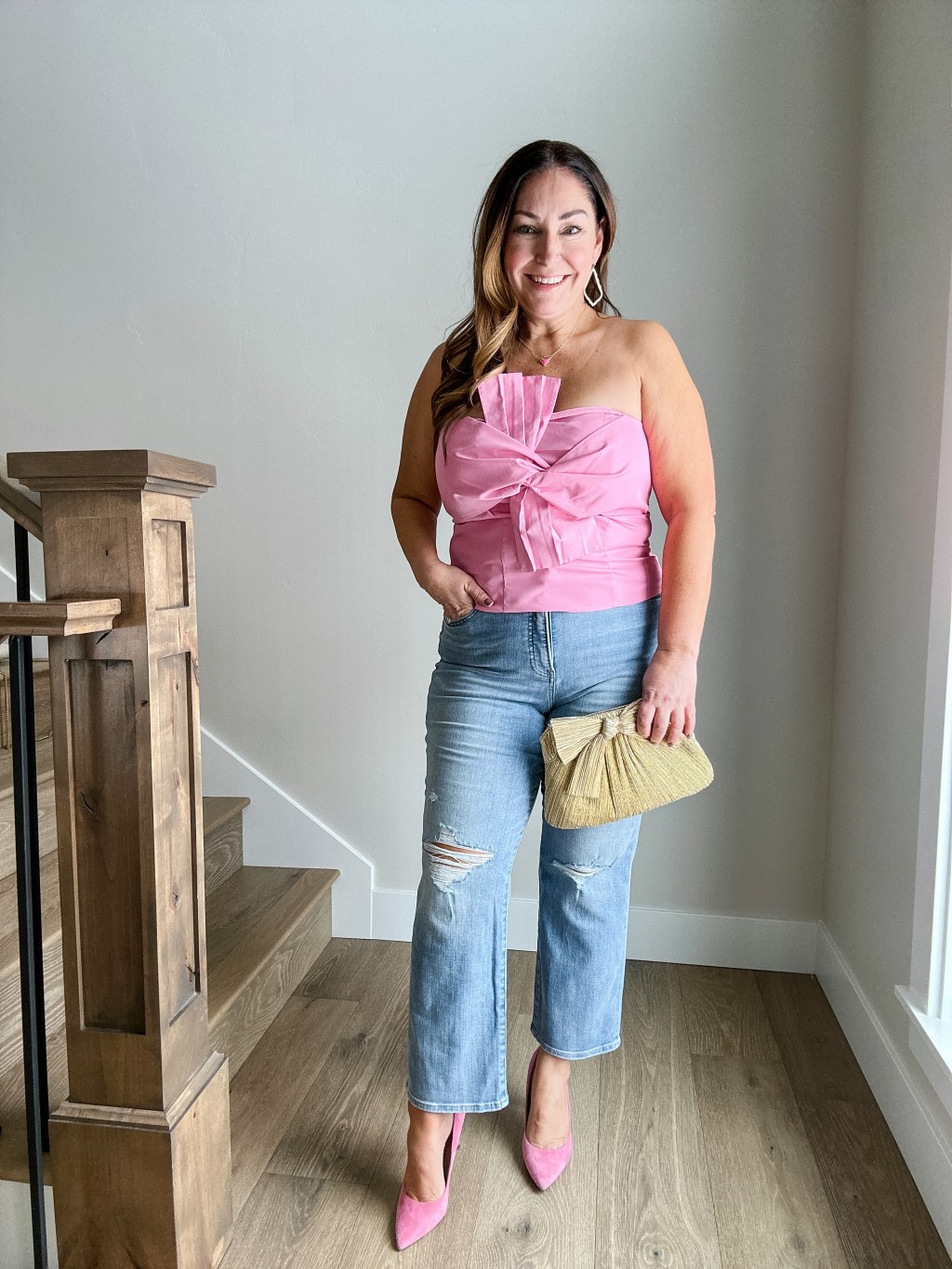 Pink Bow-Detail Strapless Top with Wide-Leg Jeans — Pink Valentines Outfits 2027