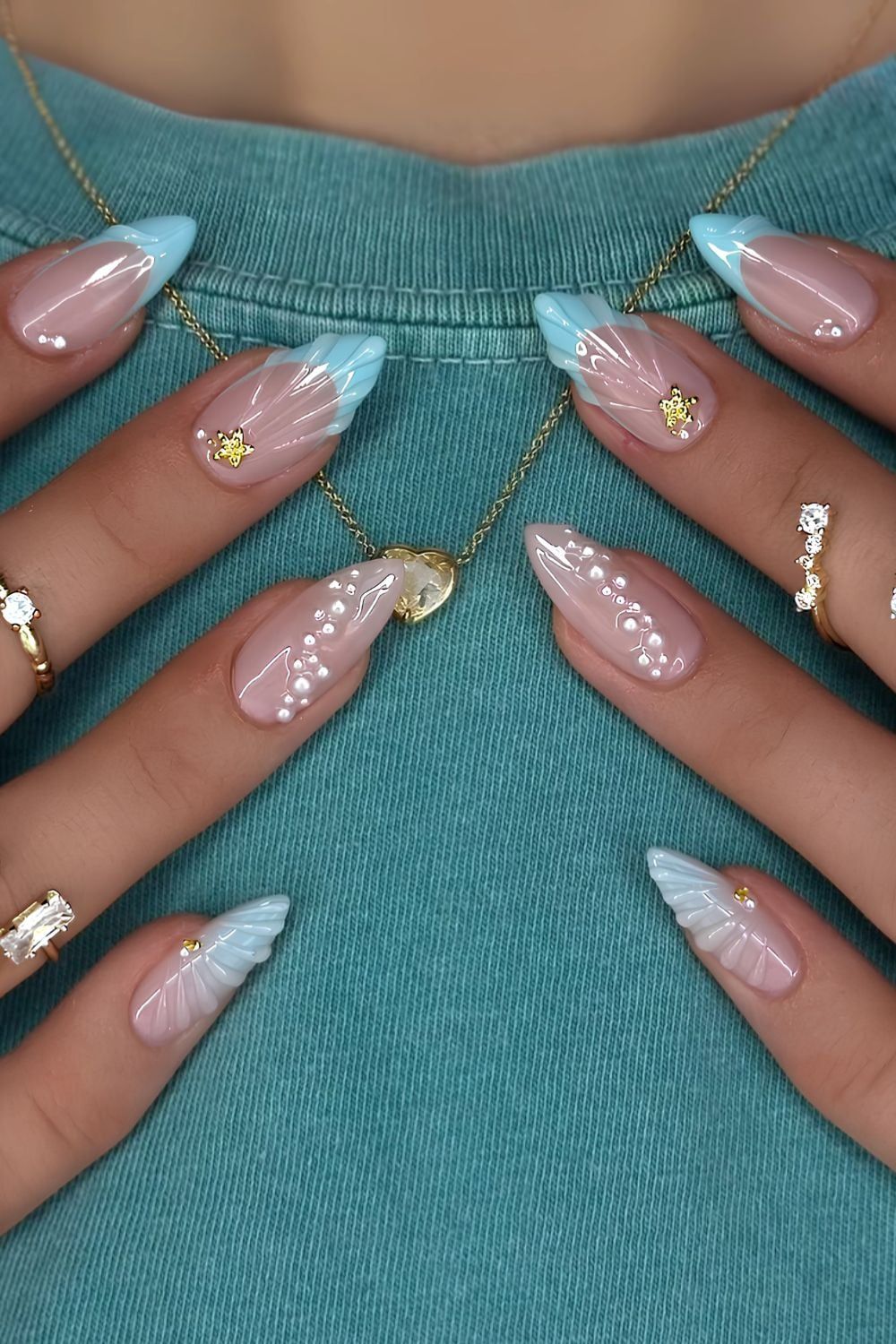 Pearl Detailing Light Blue French Almonds — Coastal Nails 2027