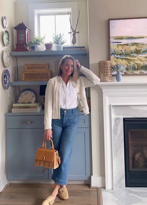 Medium Wash Straight-Leg Jeans with a Cable-Knit Cardigan and Button-Down Medium Wash Straight-Leg Jeans with a Cable-Knit Cardigan and Button-Down — Spring Outfits 2027 with Jeans