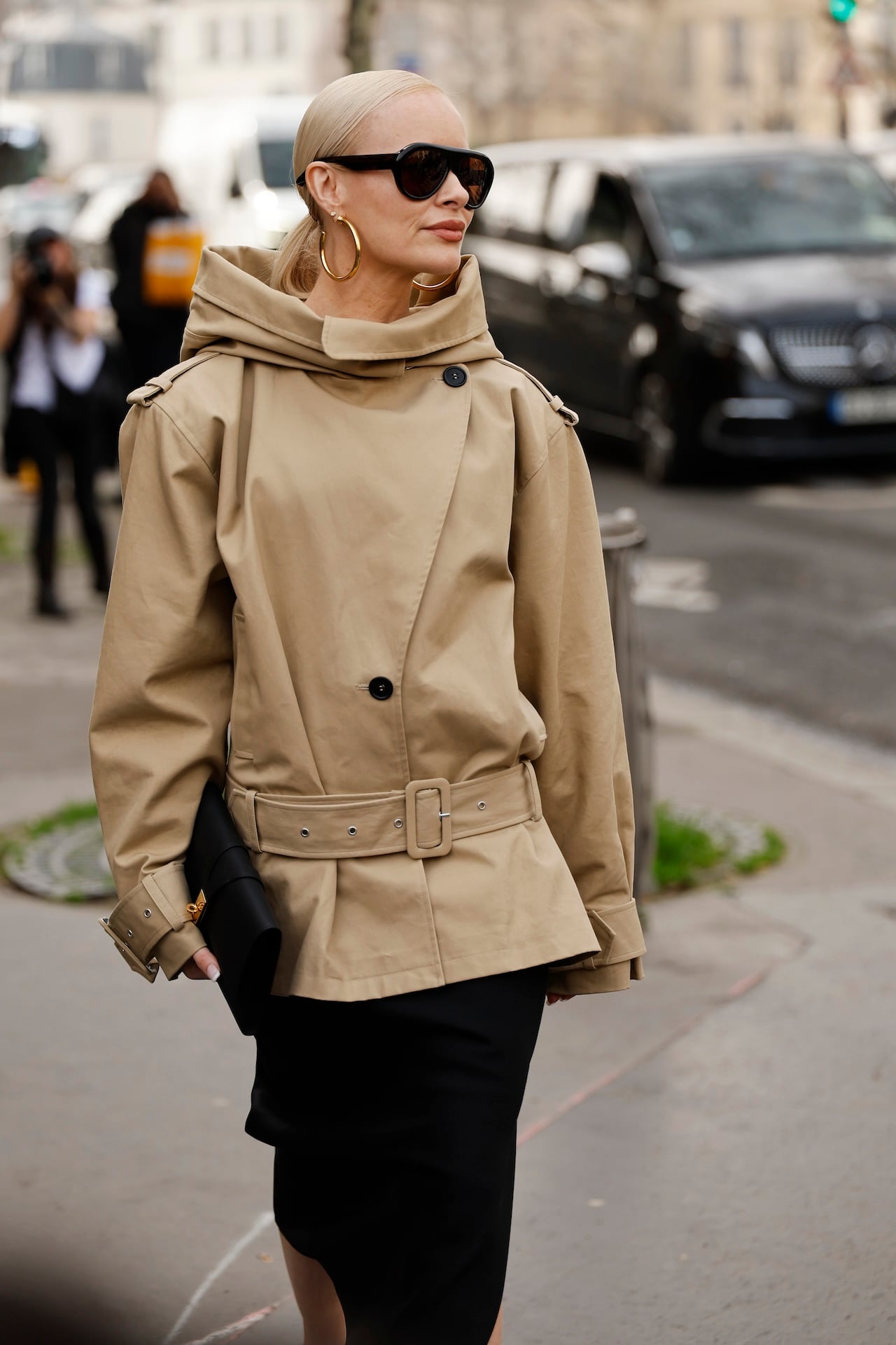 Hooded Beige Trench Coat with Midi Skirt — Spring Outfits 2027 with Trench Coat