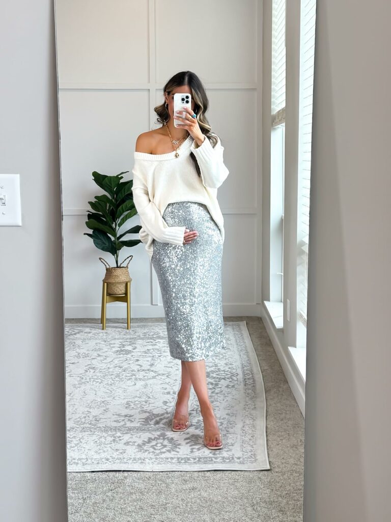 Cream Off-the-Shoulder Sweater with Silver Sequin Skirt for Holiday Glam Cream Off-the-Shoulder Sweater with Silver Sequin Skirt for Holiday Glam — Holiday Outfits 2026