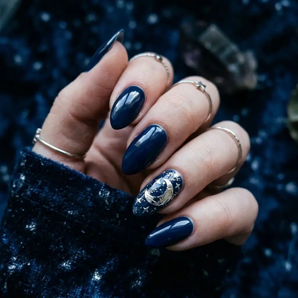 Dark Blue Glitter Moon Almond Nails — Moon and Stars Nails 2027