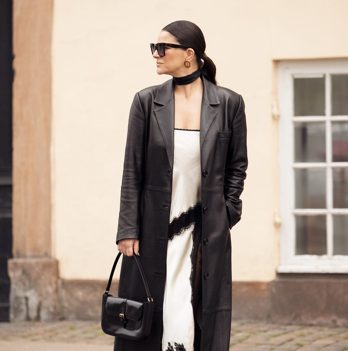 White Silk Slip Dress with Lace Trim Under a Leather Trench Coat — Silk Dresses 2027