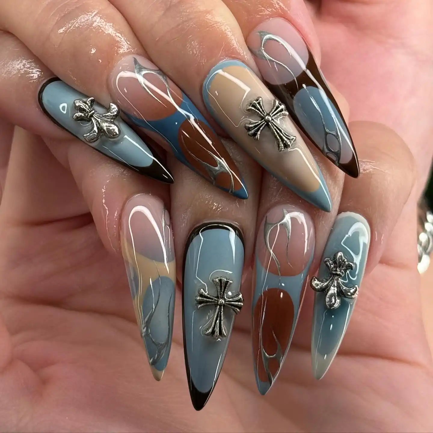 Blue Beige Brown White Black Long Stiletto Abstract Color Block Silver Cross Charms Blue Beige Brown White Black Long Stiletto Abstract Color Block Silver Cross Charms — Long Almond Nails 2027