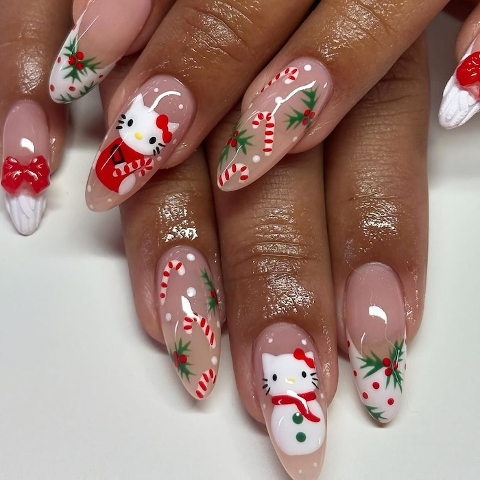 Long Almond Hello Kitty Christmas Scenes — Red Hello Kitty Nails 2027