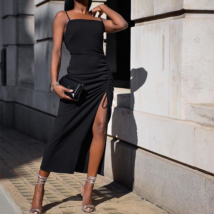 Ruched Black Midi Dress with High Slit and Silver Sandals Ruched Black Midi Dress with High Slit and Silver Sandals — Little Black Dress Outfits 2027