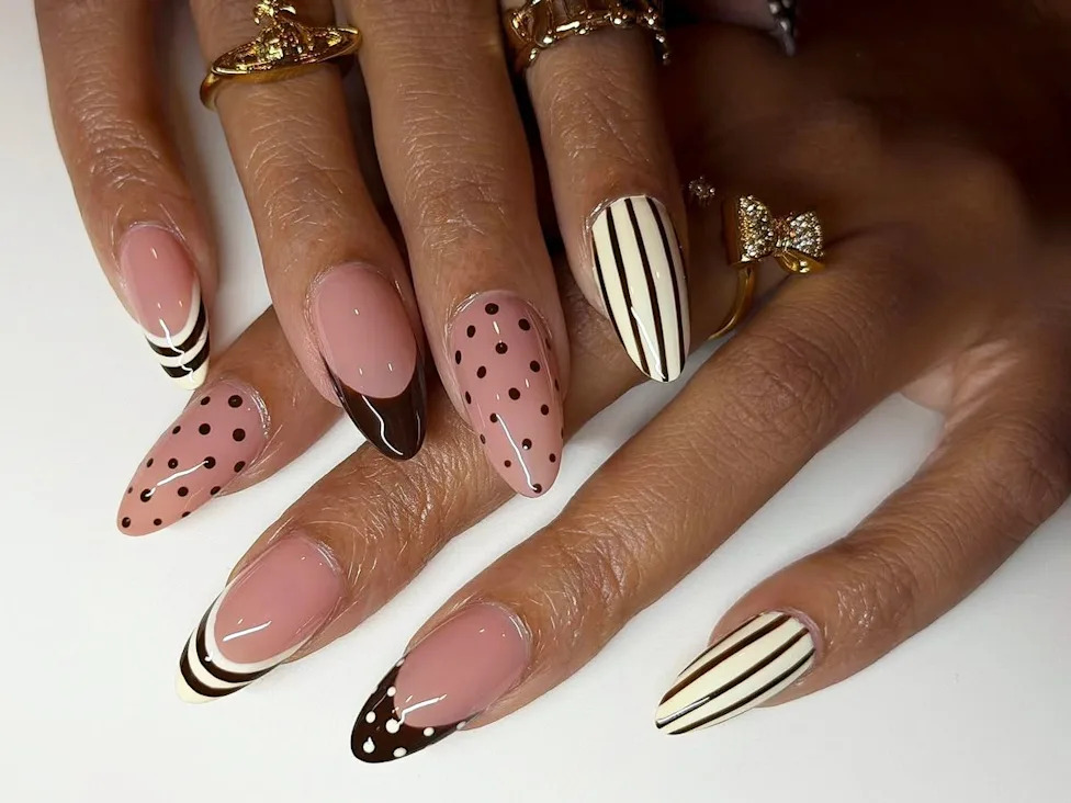 Long Almond Mixed French Tips and Dots Long Almond Mixed French Tips and Dots — Polka Dot Nails 2027