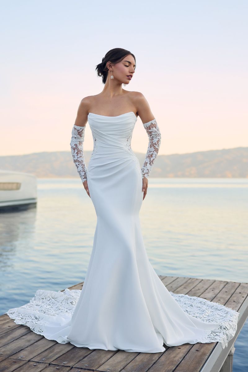White Mermaid Gown with Lace Gloves — Summer Wedding Outfits 2027