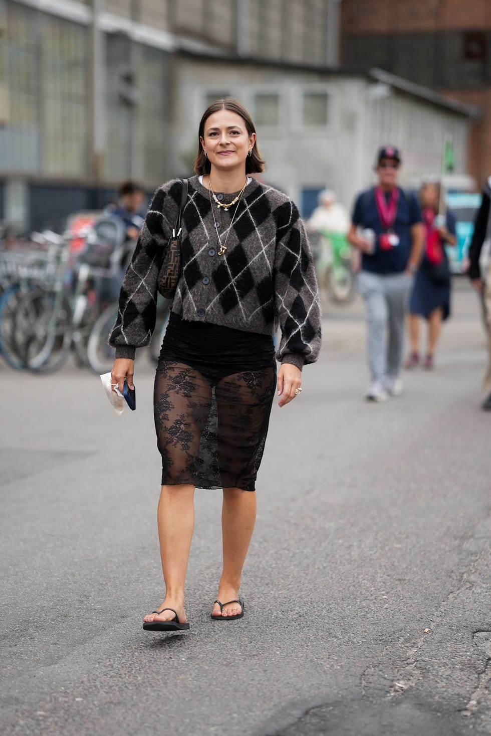 Argyle Cardigan with Sheer Lace Midi Skirt — Tall Women Outfits 2027