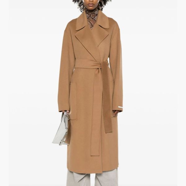 Sophisticated Ease: Full-Length Wrap Coat with Wide Trousers — Camel Coat Outfits 2027