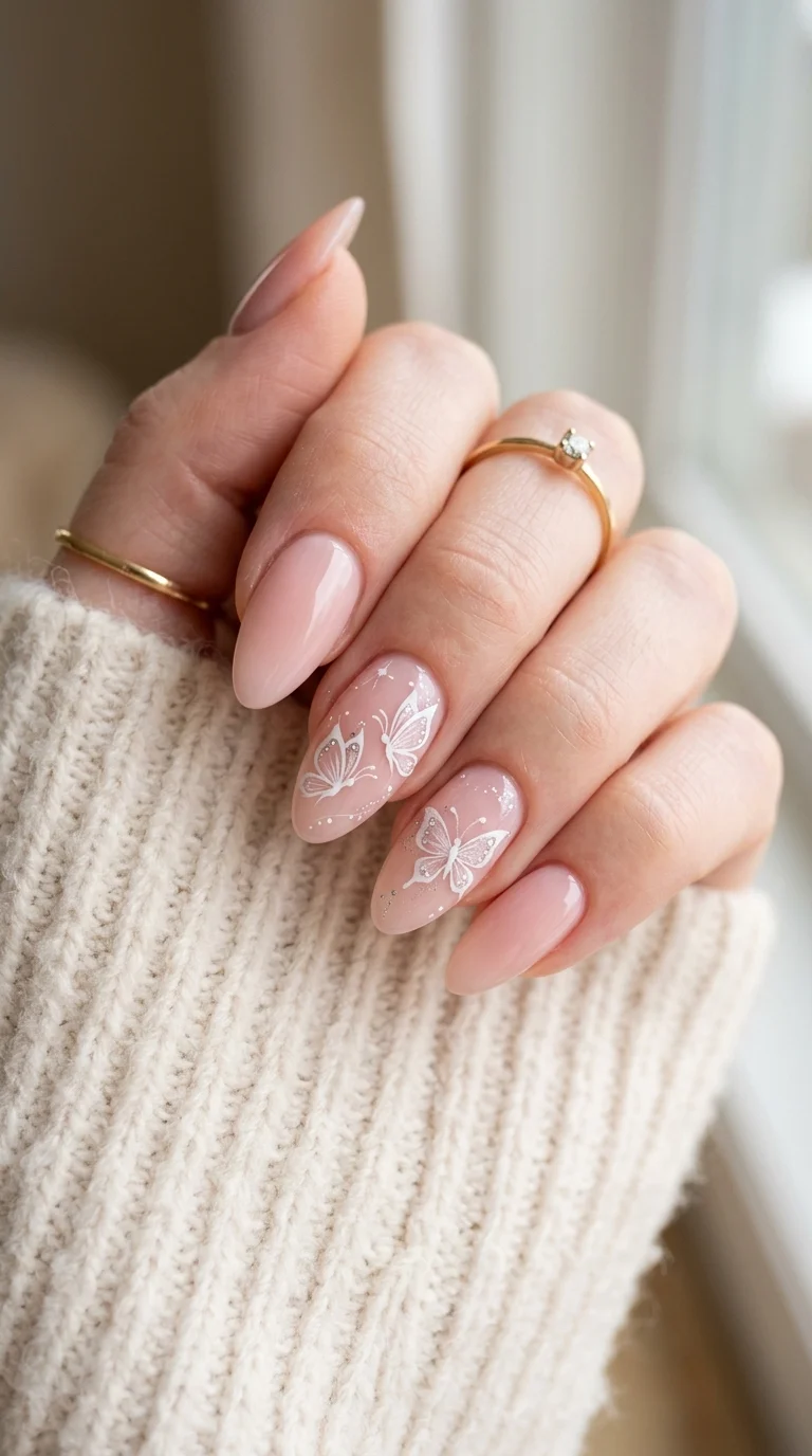 White Butterfly Outlines On Accent Nails Sheer Nude White Butterfly Outline Almonds — Short Butterfly Almond Nails 2027