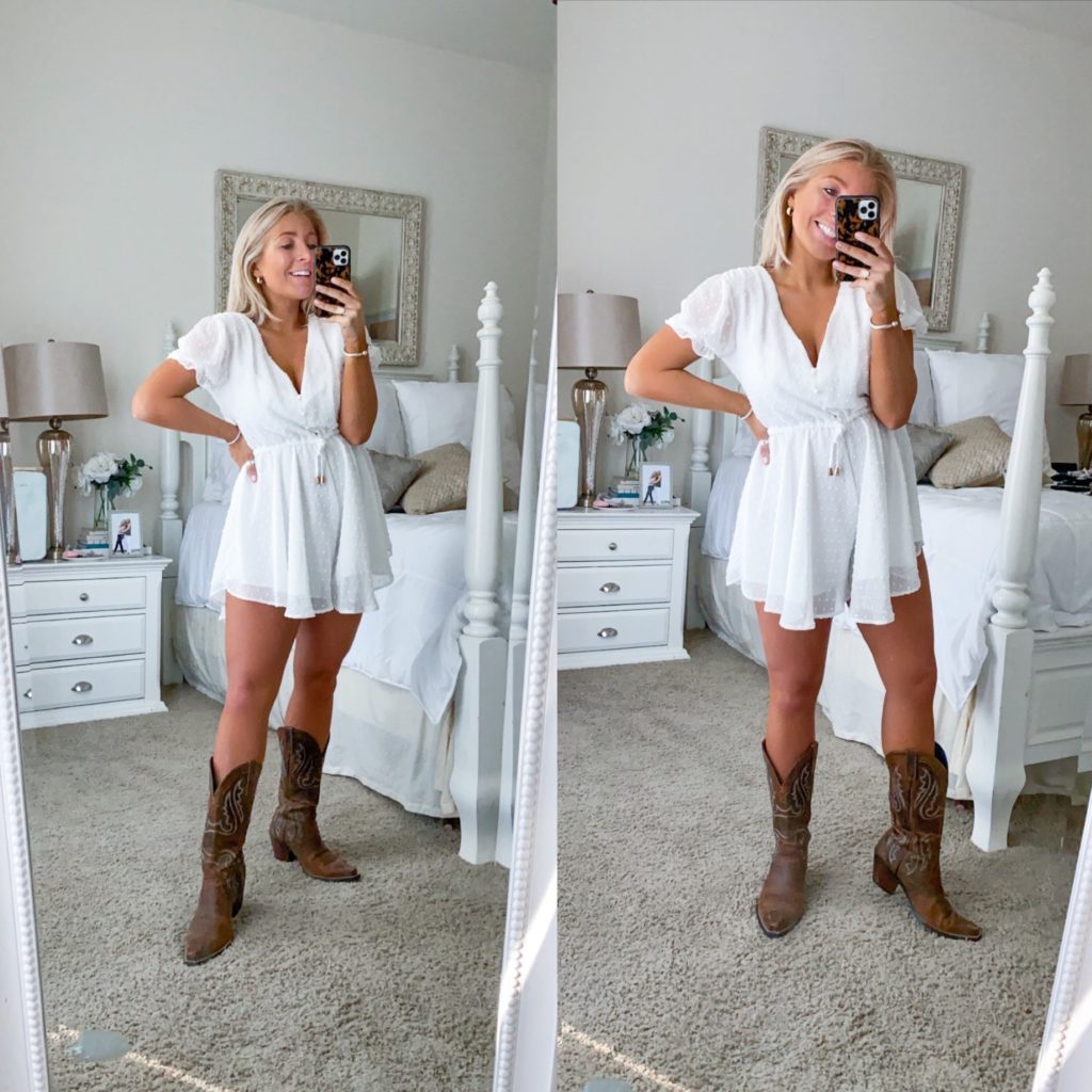White Eyelet Romper with Brown Cowboy Boots White Eyelet Romper with Brown Cowboy Boots — Rodeo Outfits 2027