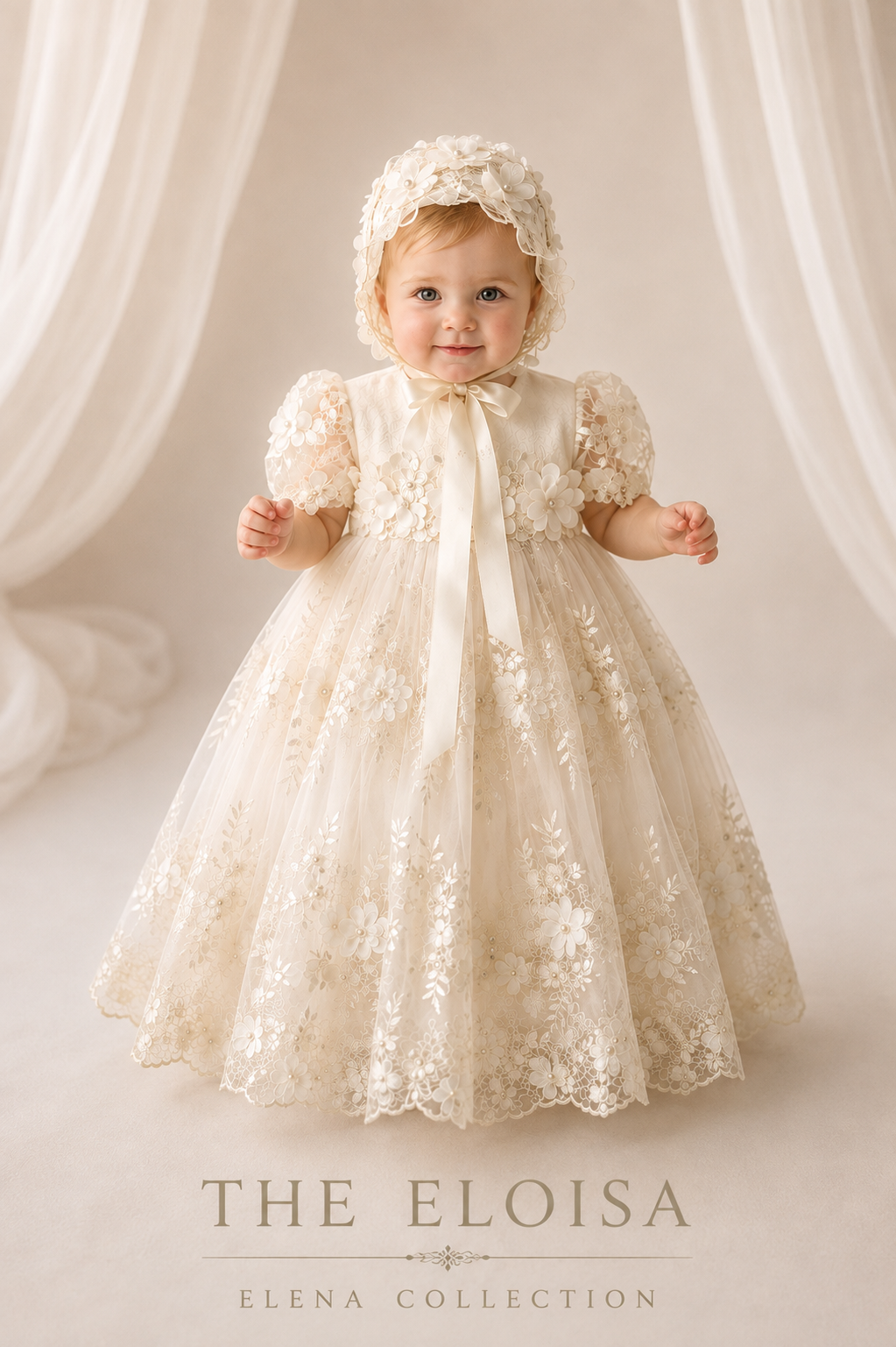 Ivory Heirloom Gown with Puff Sleeves and Floral Embroidery — Christening Outfits 2027