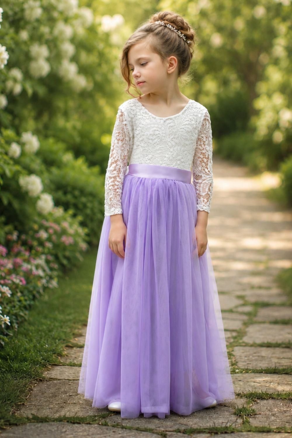 White Lace Long-Sleeve Top with Lavender Tulle Skirt White Lace Long-Sleeve Top with Lavender Tulle Skirt — Junior Bridesmaid Dress 2027