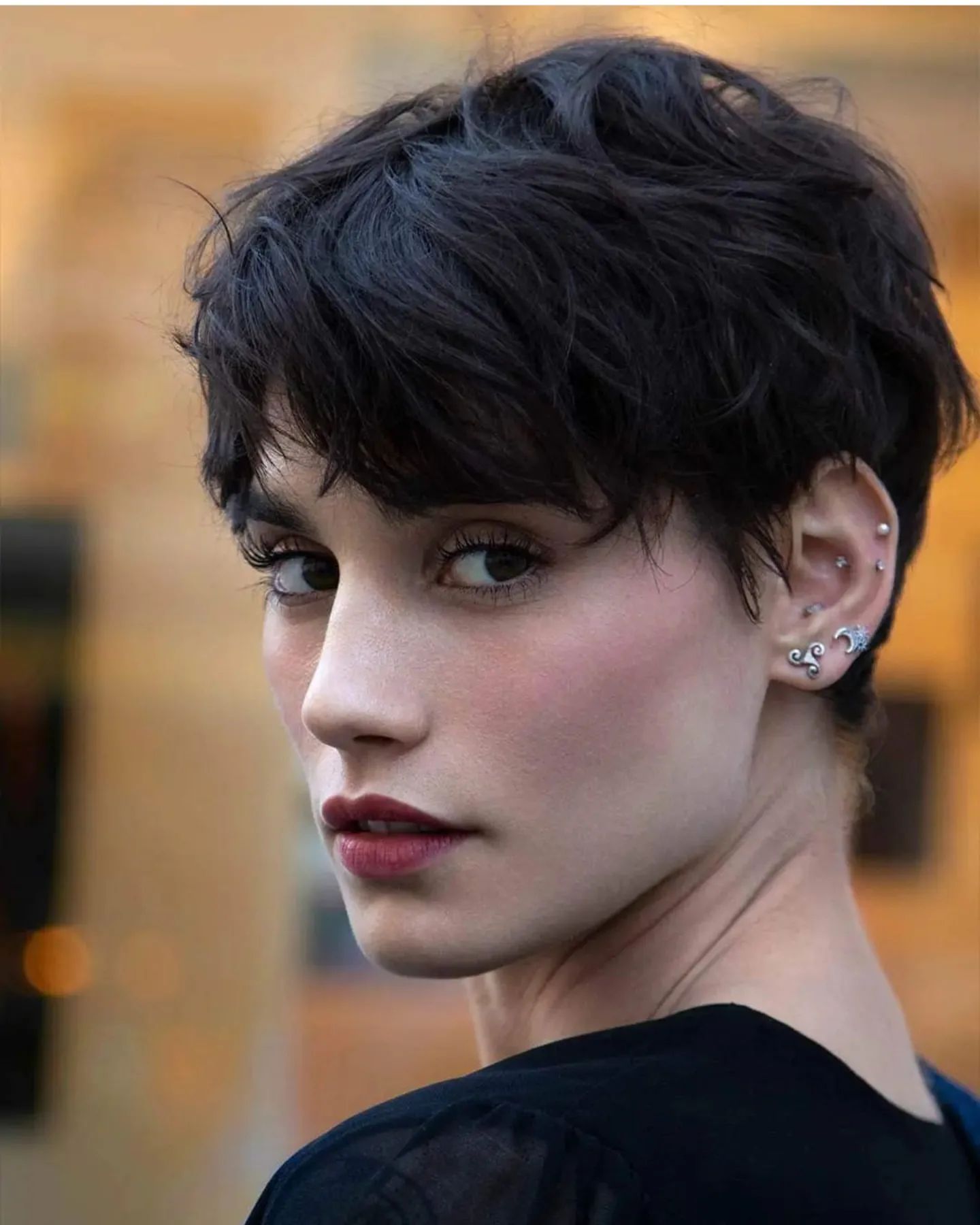 Textured Dark Brown Pixie with Side Bangs Textured Dark Brown Pixie with Side Bangs — Pixie 2027 with Bangs