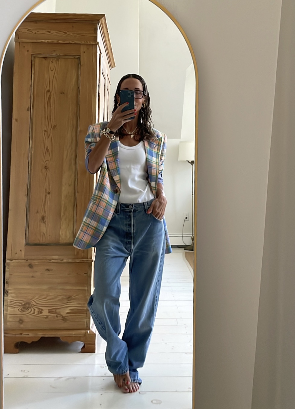 Casual Cool: White Tank with Baggy Jeans and Oversized Plaid Blazer — Tank Top Outfits 2027