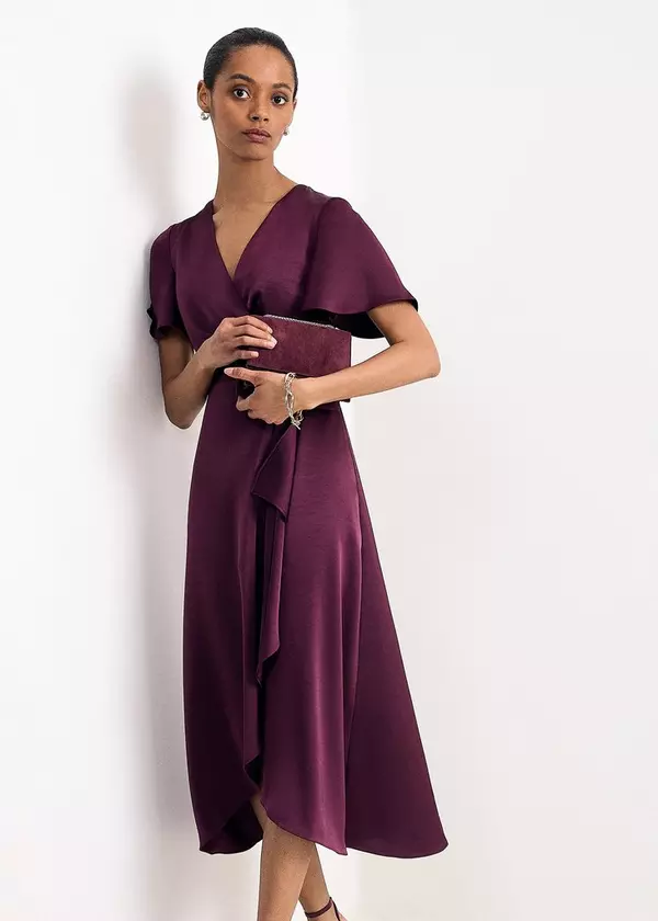 Deep Purple Satin Wrap Dress with Ruffles for Cocktail Parties — Wrap Dresses 2027