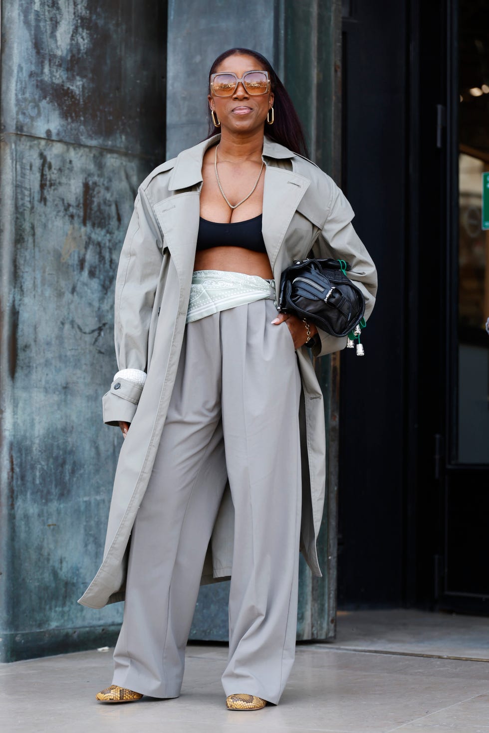 Black Satin Bralette Under a Grey Trench Coat — Satin Top Outfits 2027