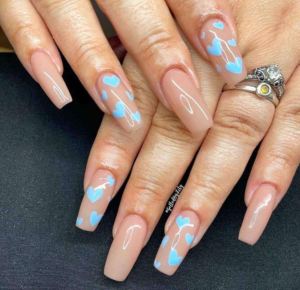 Nude with Scattered Blue Hearts — Baby Shower Nails 2027