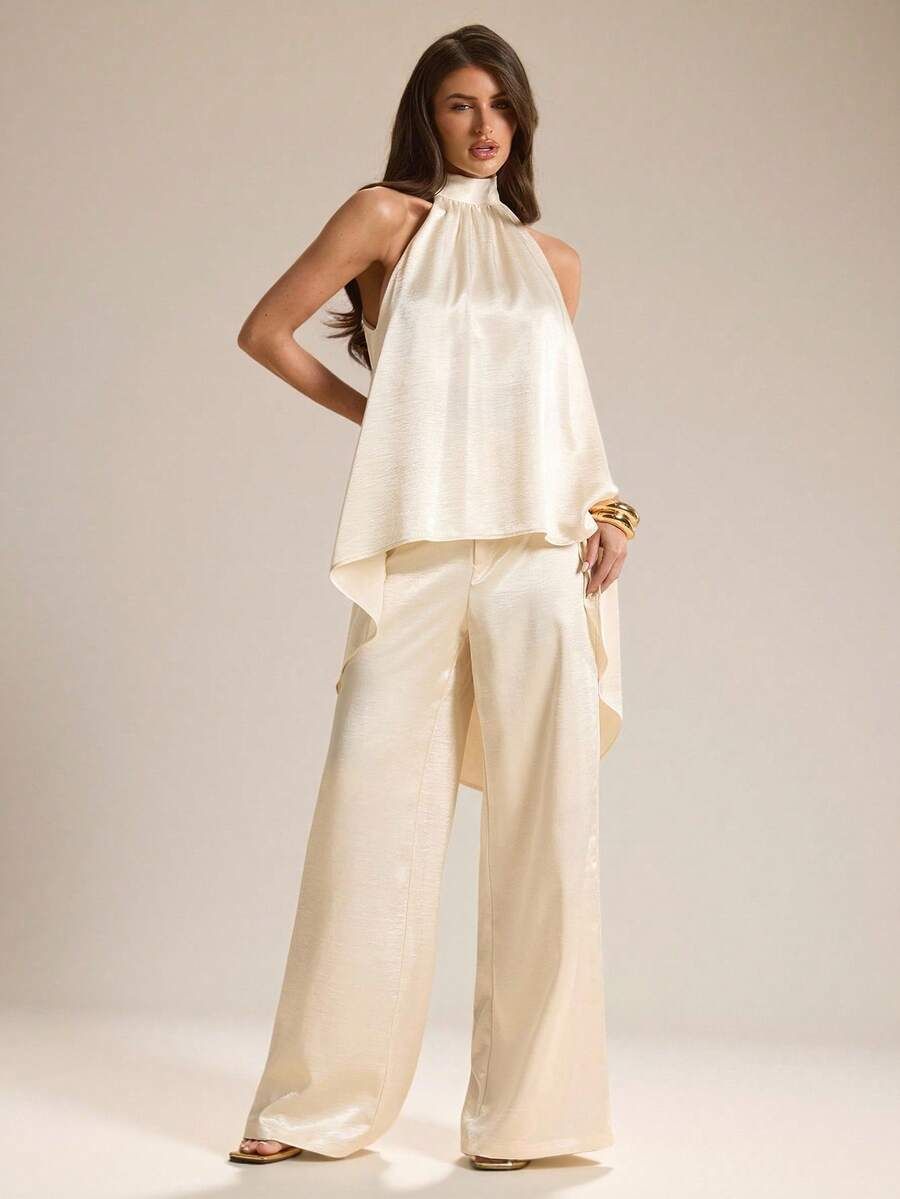 Ivory Satin Draped Halter Camisole and Wide-Leg Trousers for Evening Sophistication Ivory Satin Draped Halter Camisole and Wide-Leg Trousers for Evening Sophistication — Summer Two Piece Set Outfits 2027